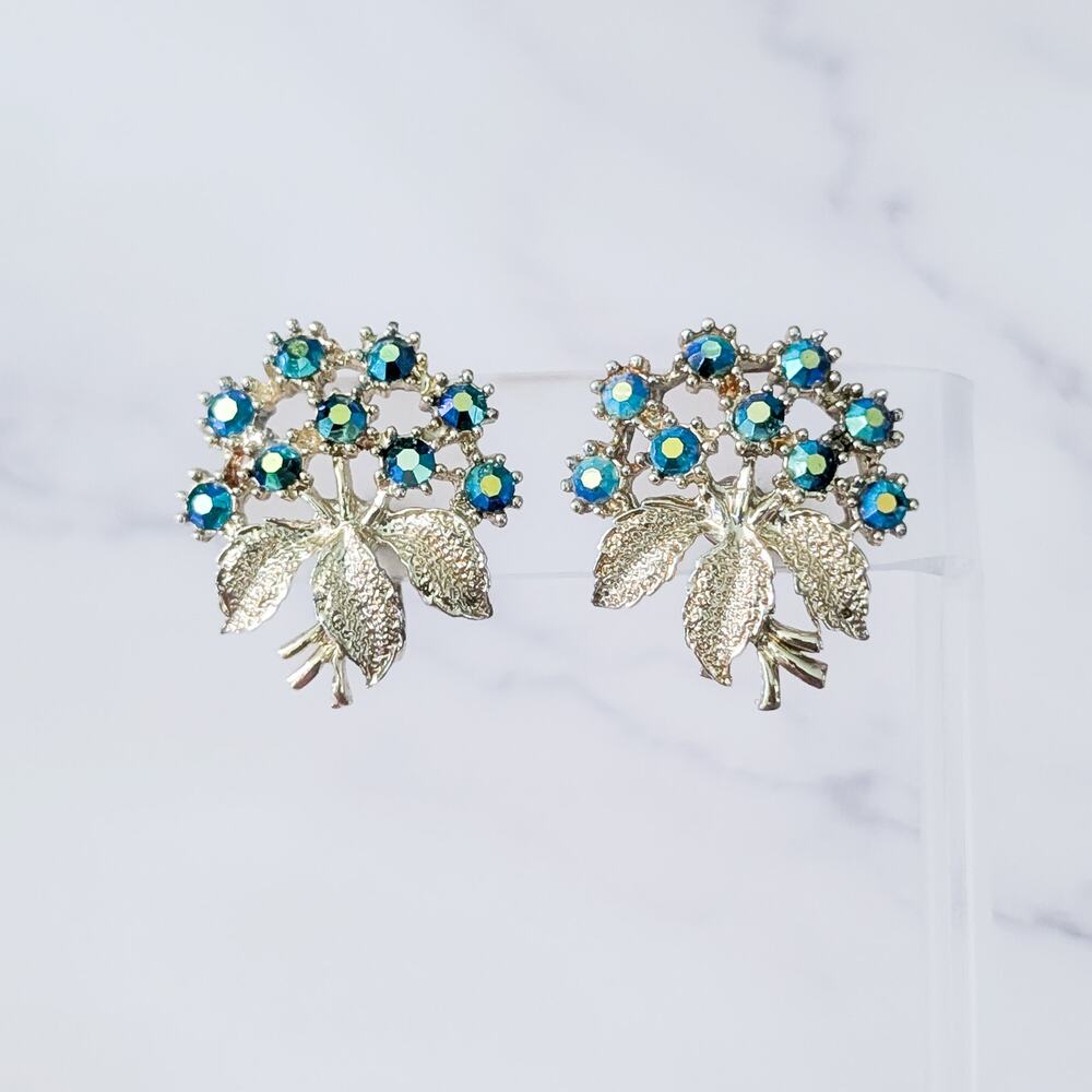 Vintage Screw On Earrings Large Gold Tone with Iridescent Blue Gems